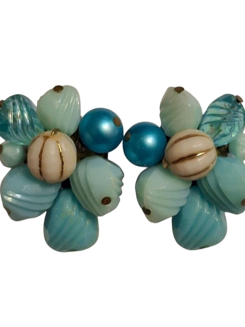 Aqua Blue Cluster Beaded West Germany Clip-On Earrings Vintage